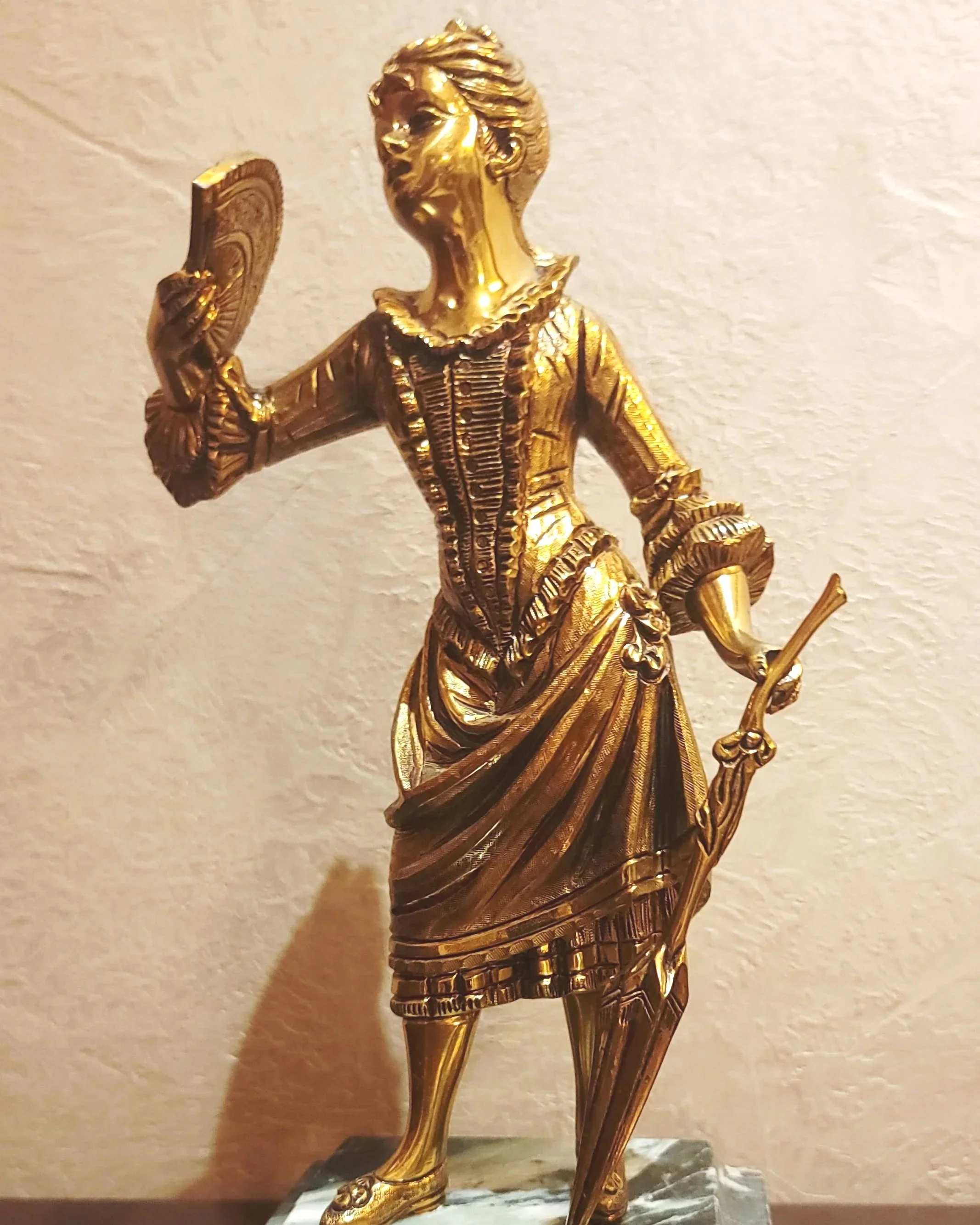 French Antique Bronze Figurine: Woman with Umbrella and Fan
