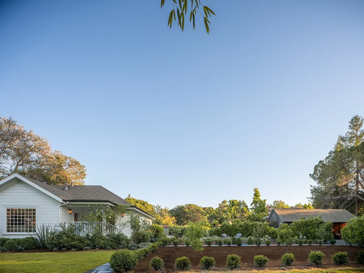 View of a suburban backyard with a white house on the left, a shed or barn on the right, landscaped garden with bushes, trees, and a clear blue sky.