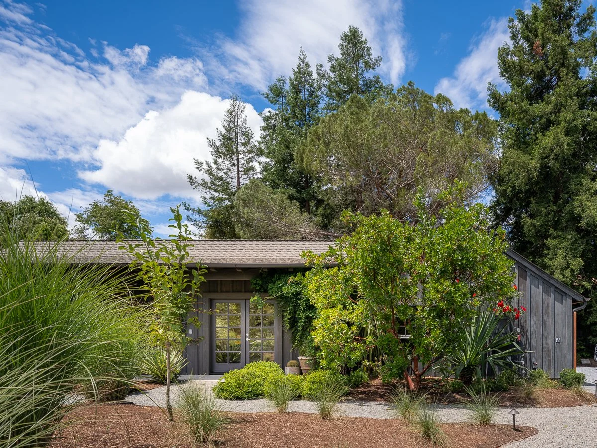 A single-story house surrounded by lush green plants and trees with a gravel pathway leading to the front door, under a partly cloudy blue sky.