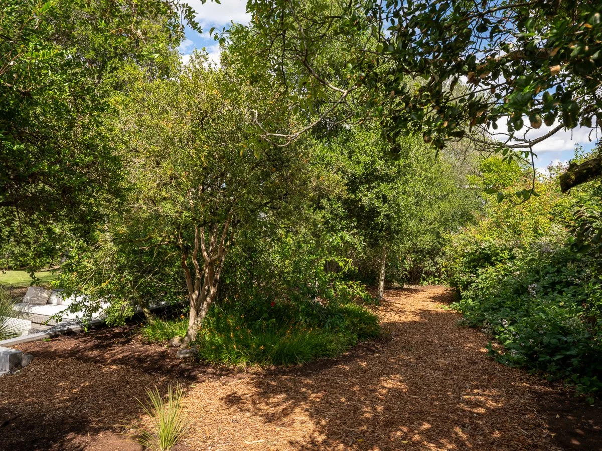 A dirt pathway leading through a lush garden with green trees and bushes, with sunlight filtering through the leaves.