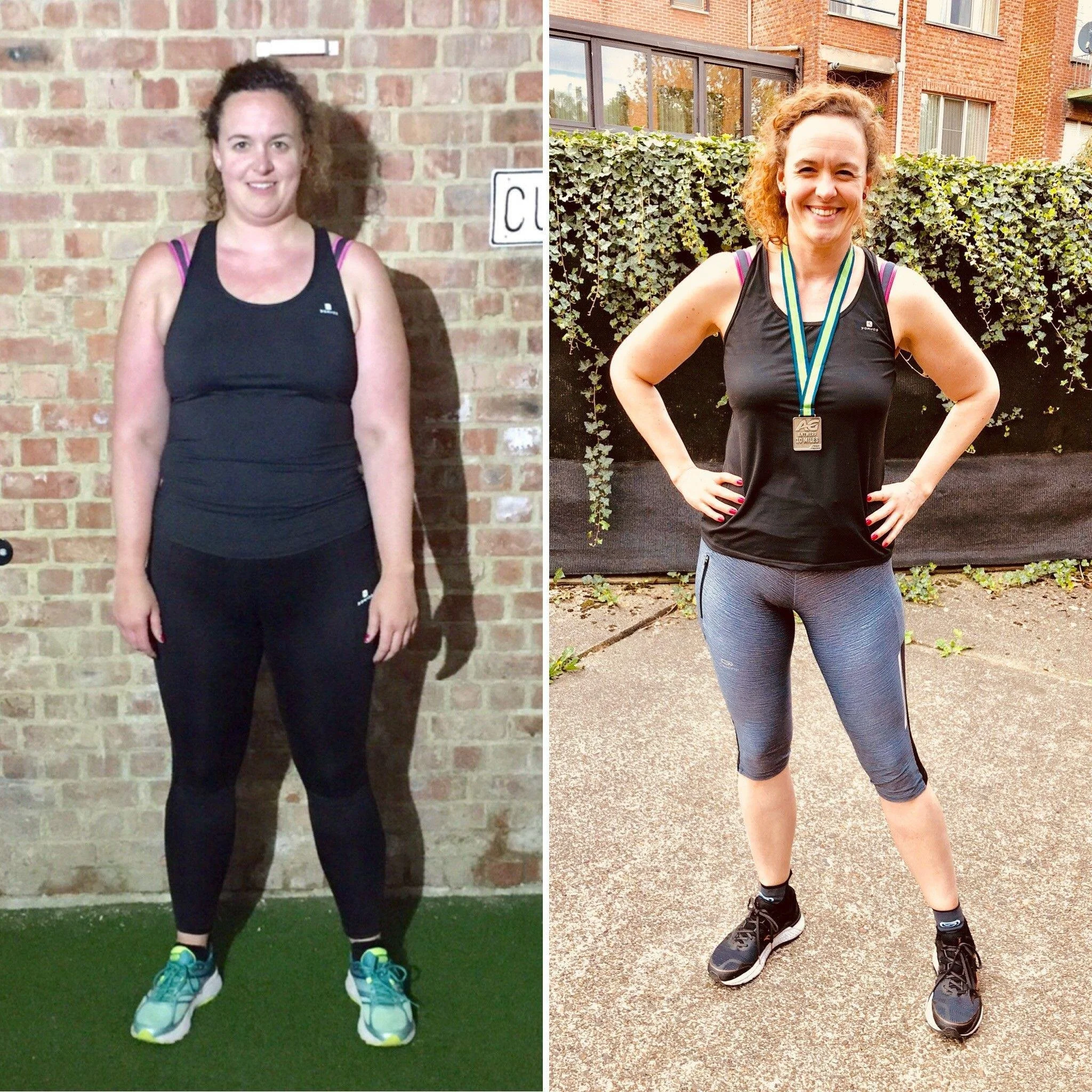 Vrouw in sportkleding voor en na een workout, eerste foto in sportzaal met muur en vloer, tweede buiten voor een plantenhek en appartementen.
