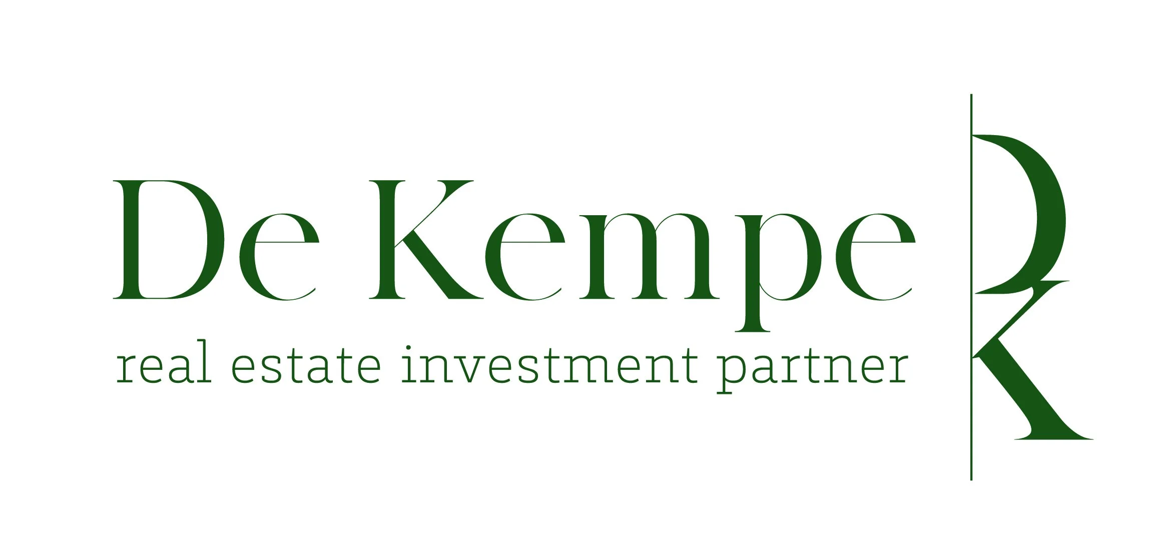 Logo van De Kamper K, een vastgoedpartner, met groene tekst en een grote letter K aan de rechterkant.