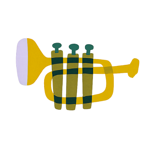 Colorful plush toy shaped like a trumpet with striped patterns and three green buttons.