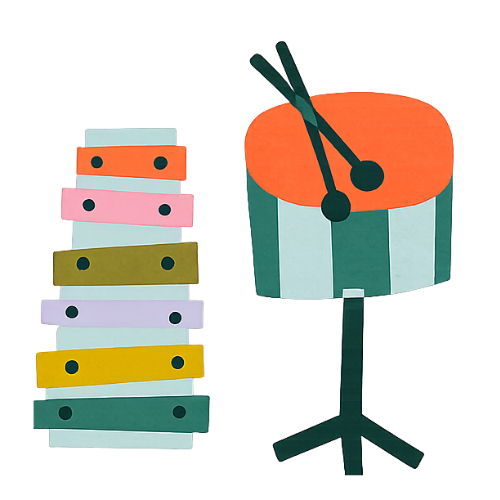 Stacked colorful xylophones with a large drum on a stand to the right.