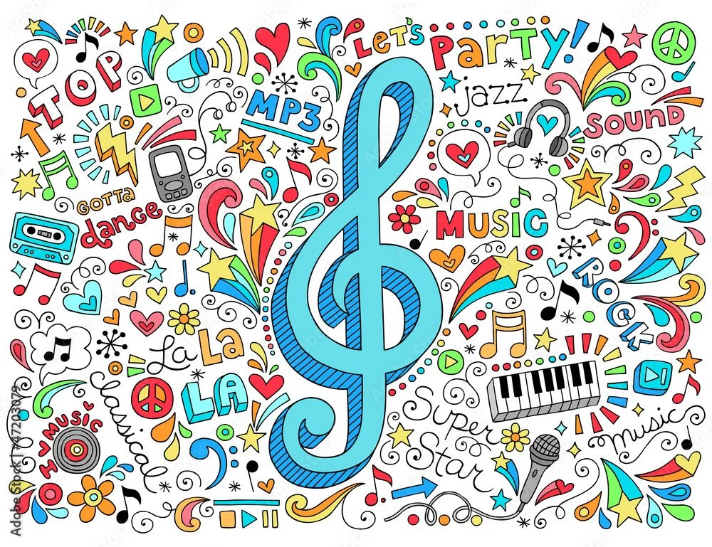 Colorful doodle artwork featuring musical symbols, instruments, and words like 'music,' 'dance,' 'party,' and 'rock,' with a central large blue treble clef.