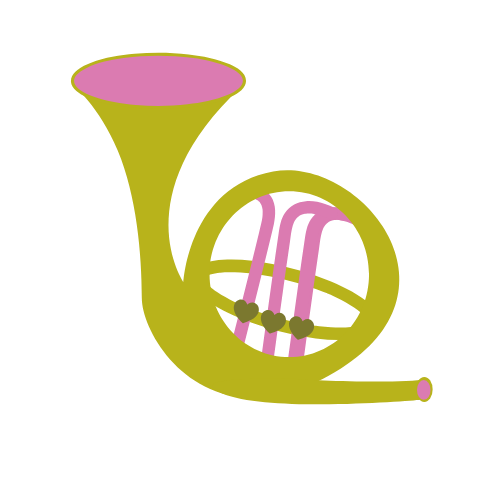 Illustration of a French horn with a purple mouthpiece and pink valves, and three small green hearts on the tubing.
