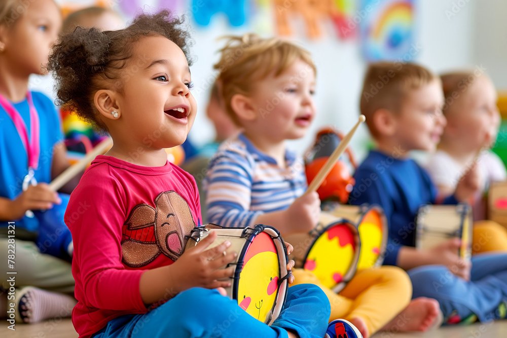 Group of young children sitting cross-legged, playing drums and singing in a classroom with colorful decorations.