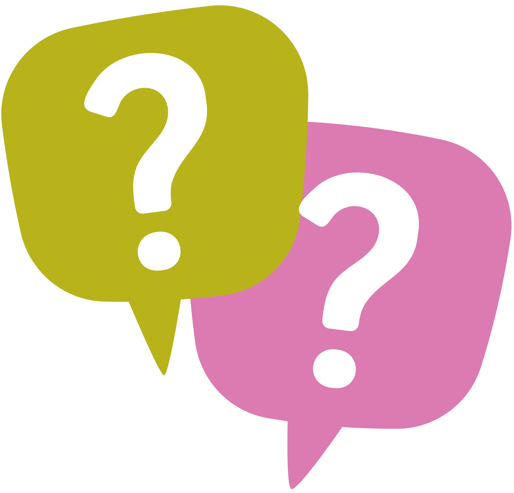 A digital illustration of three overlapping speech bubbles with question marks, color-coded in black, green, and pink.