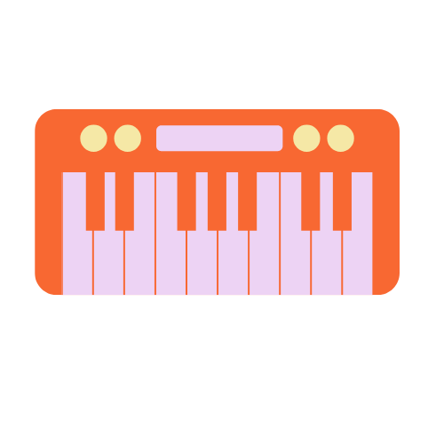 Digital musical keyboard with pink keys and orange casing.