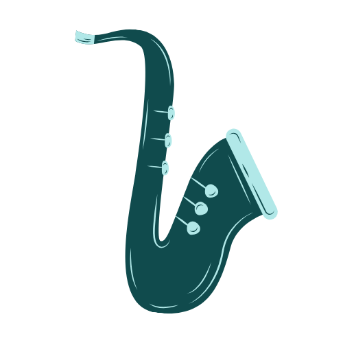 Digital illustration of a saxophone with a dark body and light-colored mouthpiece and buttons.