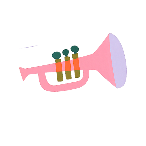 Colorful cartoon trumpet with pink, purple, green, orange, and brown colors.