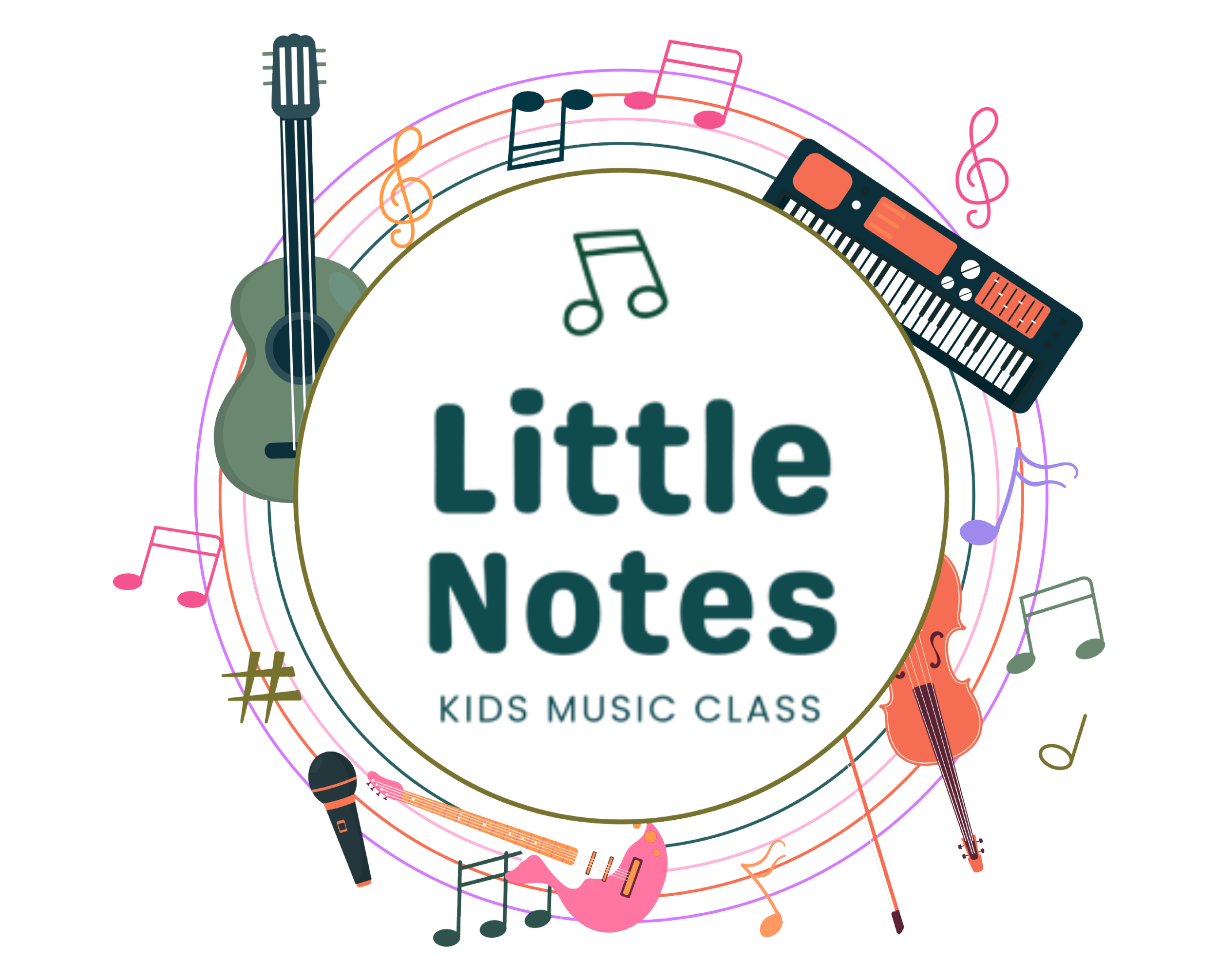 Colorful illustration promoting a kids music class called 'Little Notes' with musical instruments, notes, and text.