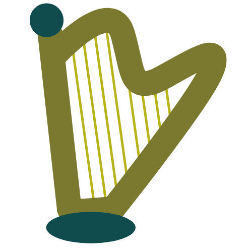 Stylized illustration of a harp with yellow strings, green frame, and dark blue accents.