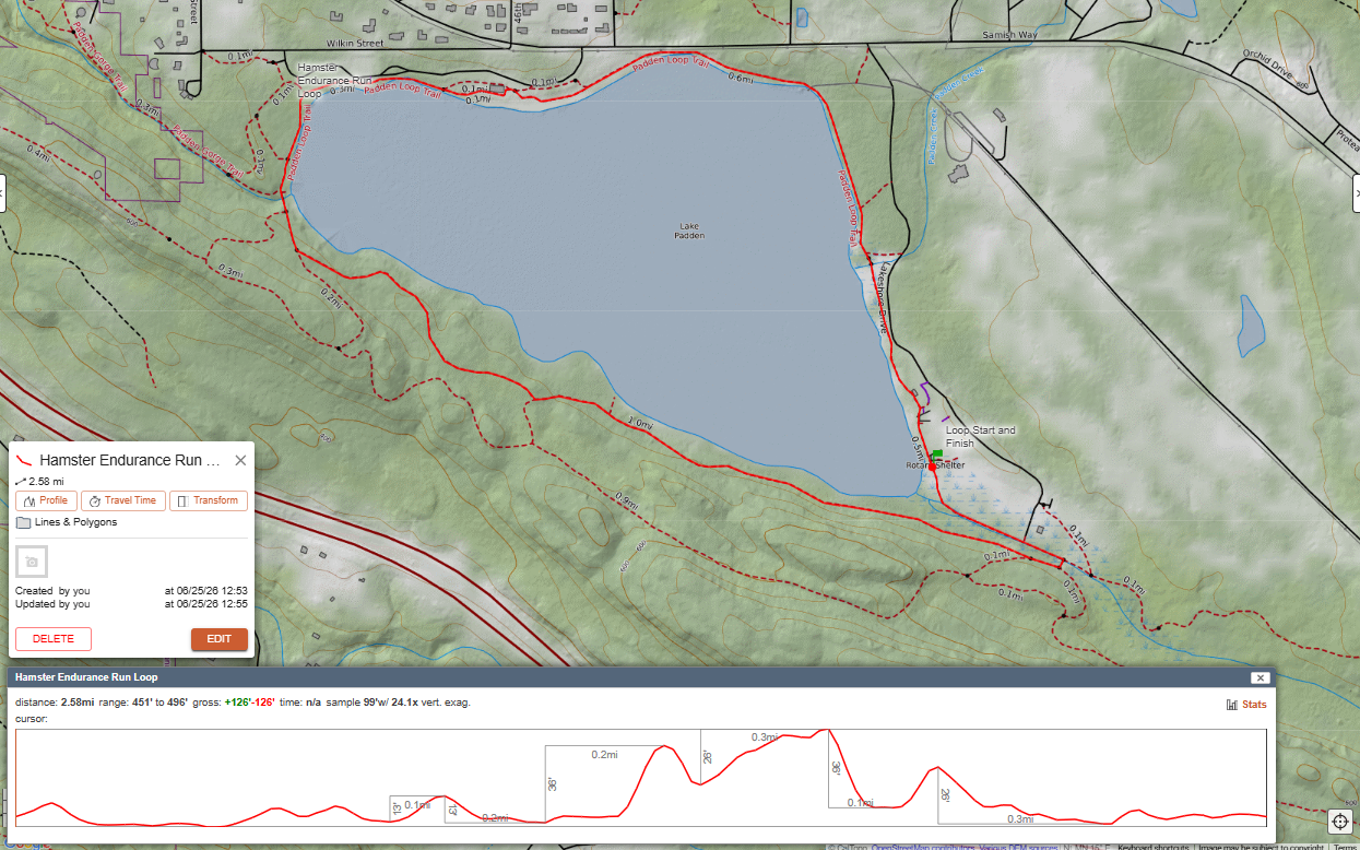 Map of Lake Padden with trail routes marked in red, starting at the southwest corner and encircling the lake, along with elevation profile at the bottom showing trail elevation changes.