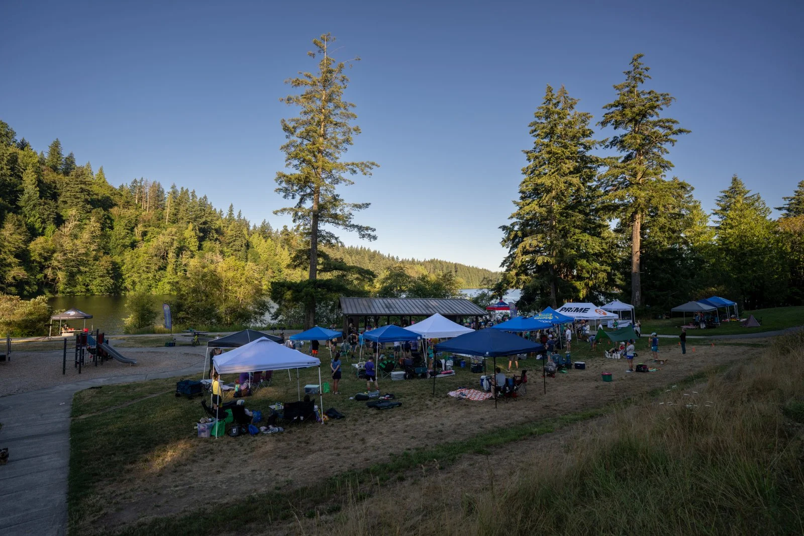 A gathering in a park near a lake with tents, trees, and people enjoying an outdoor event.