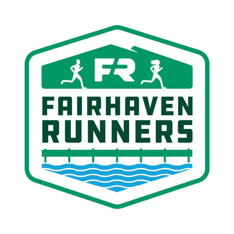 A logo for Fairhaven Runners with a green hexagon shape featuring two running figures at the top, a large "FR" in the center, the text "Fairhaven Runners" below it, and blue water waves at the bottom.