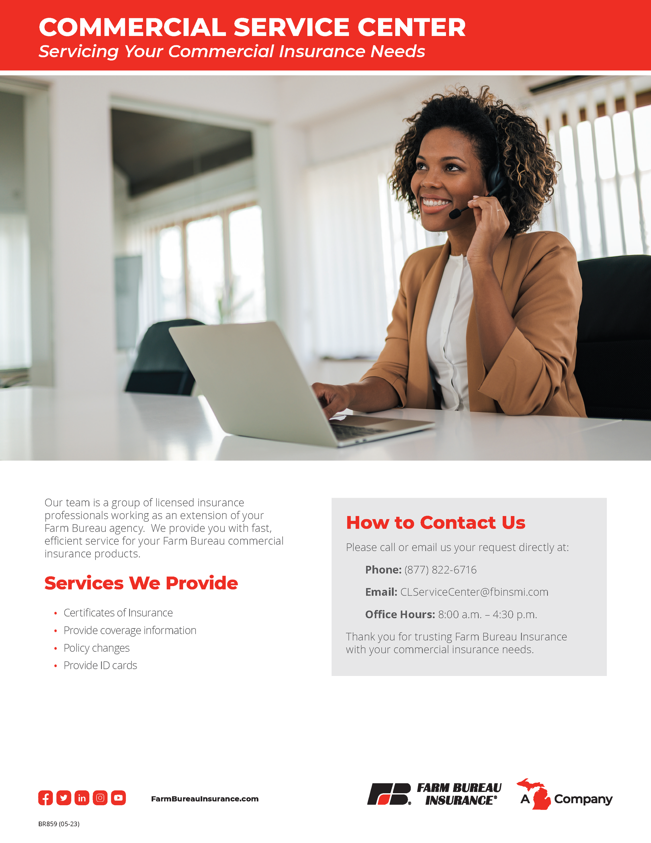A smiling woman wearing a headset and a beige blazer sitting at a desk with a laptop in a bright office space. The top banner says 'Commercial Service Center' and 'Servicing Your Commercial Insurance Needs' in white and red text. The document includes contact information and services provided by a farm bureau insurance company.