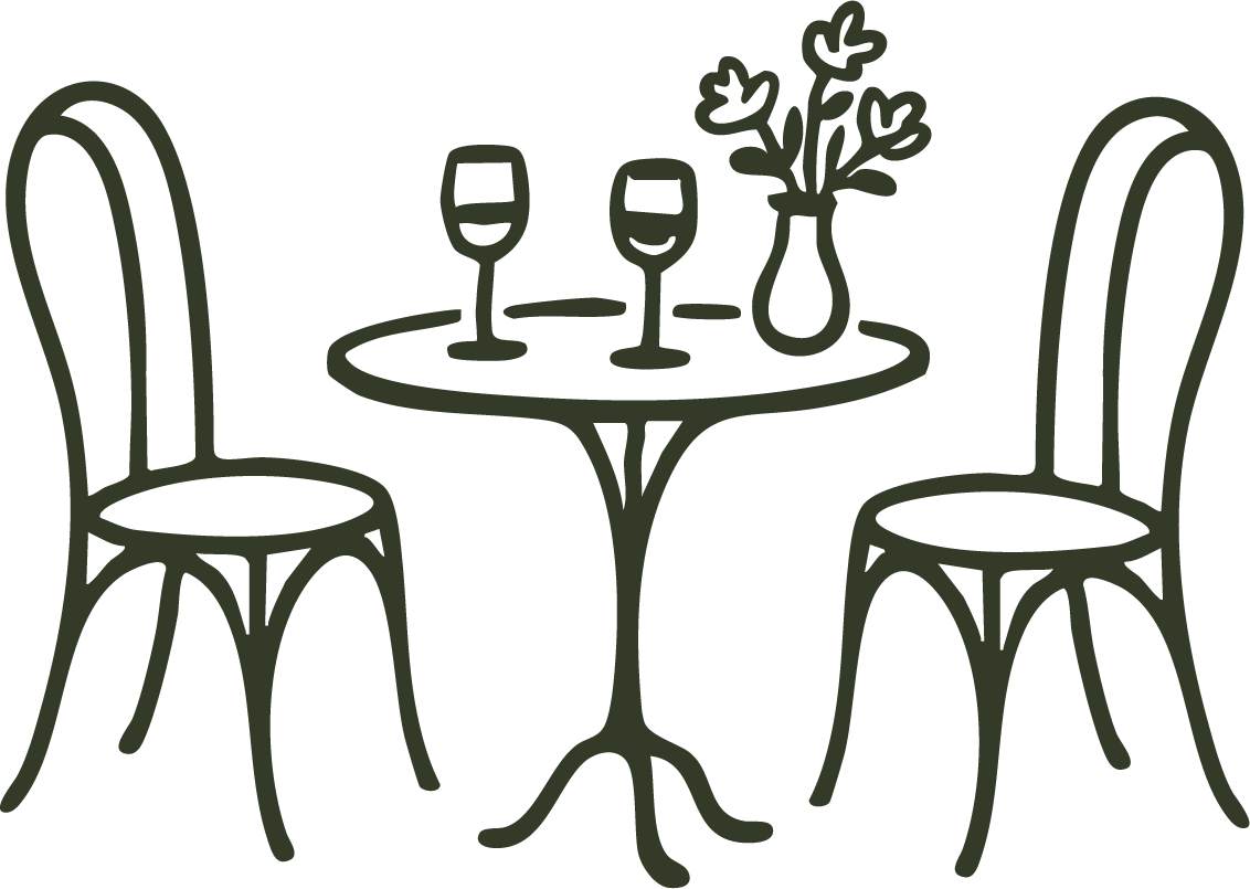 Line drawing of a small round table with two chairs, a vase with flowers, and two wine glasses on the table.