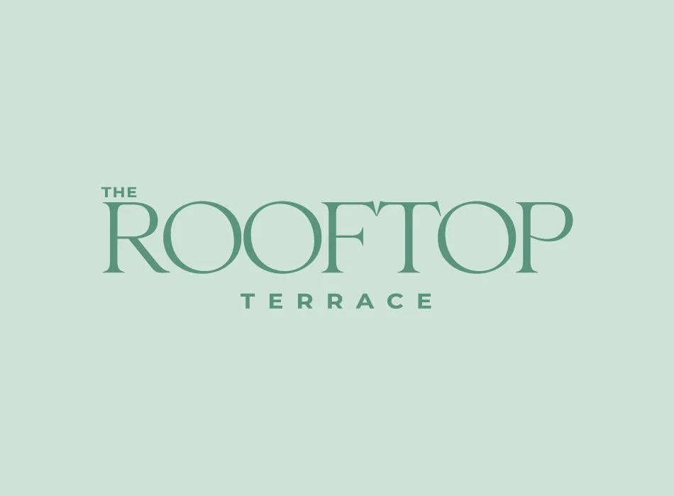 Logo for The Rooftop Terrace with a light green background and green text.