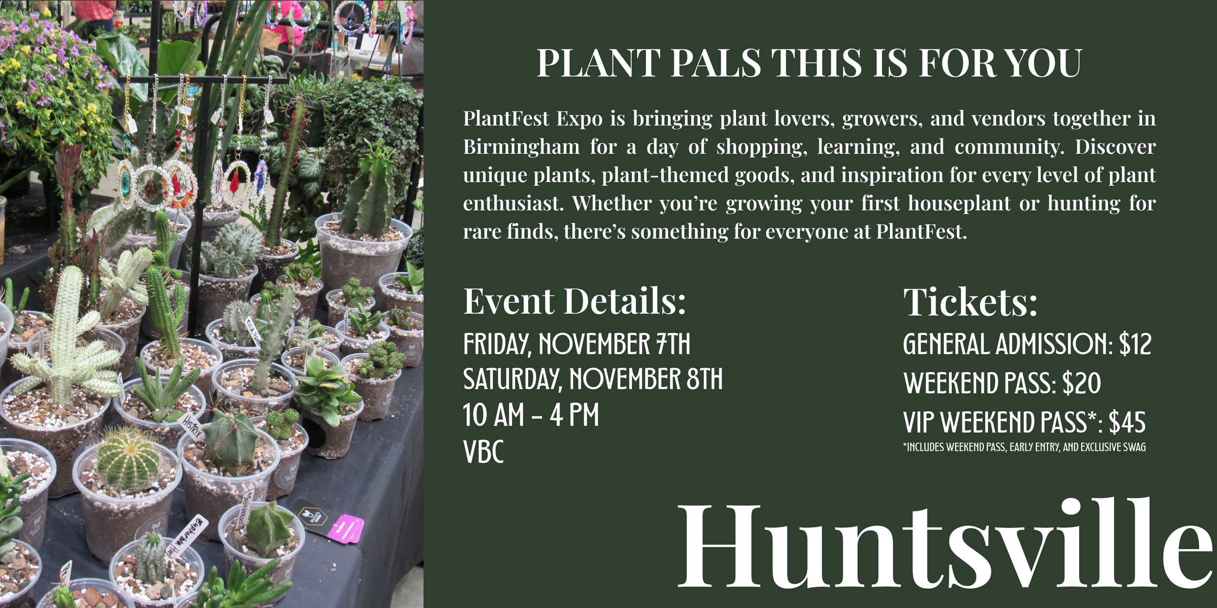 A display of potted cacti and succulent plants at a plant expo next to a green informational panel.