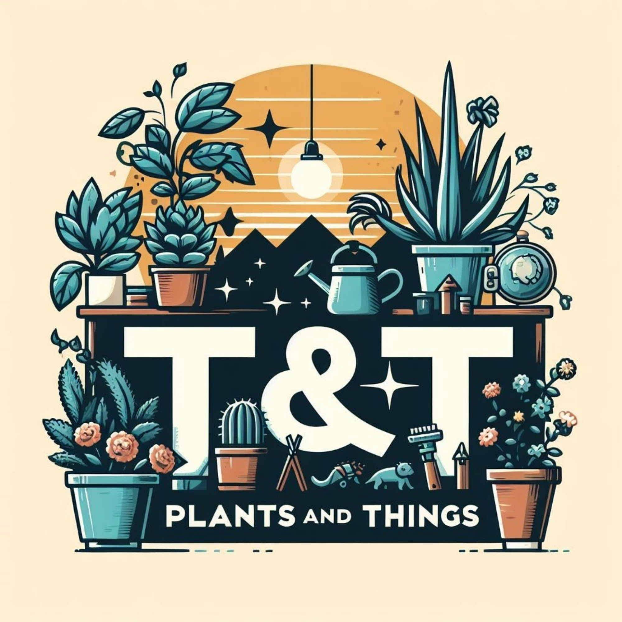 Illustration of a table with various potted plants, gardening tools, a watering can, and garden-related items in front of a sunset or sunrise background with the text "Plants and Things".