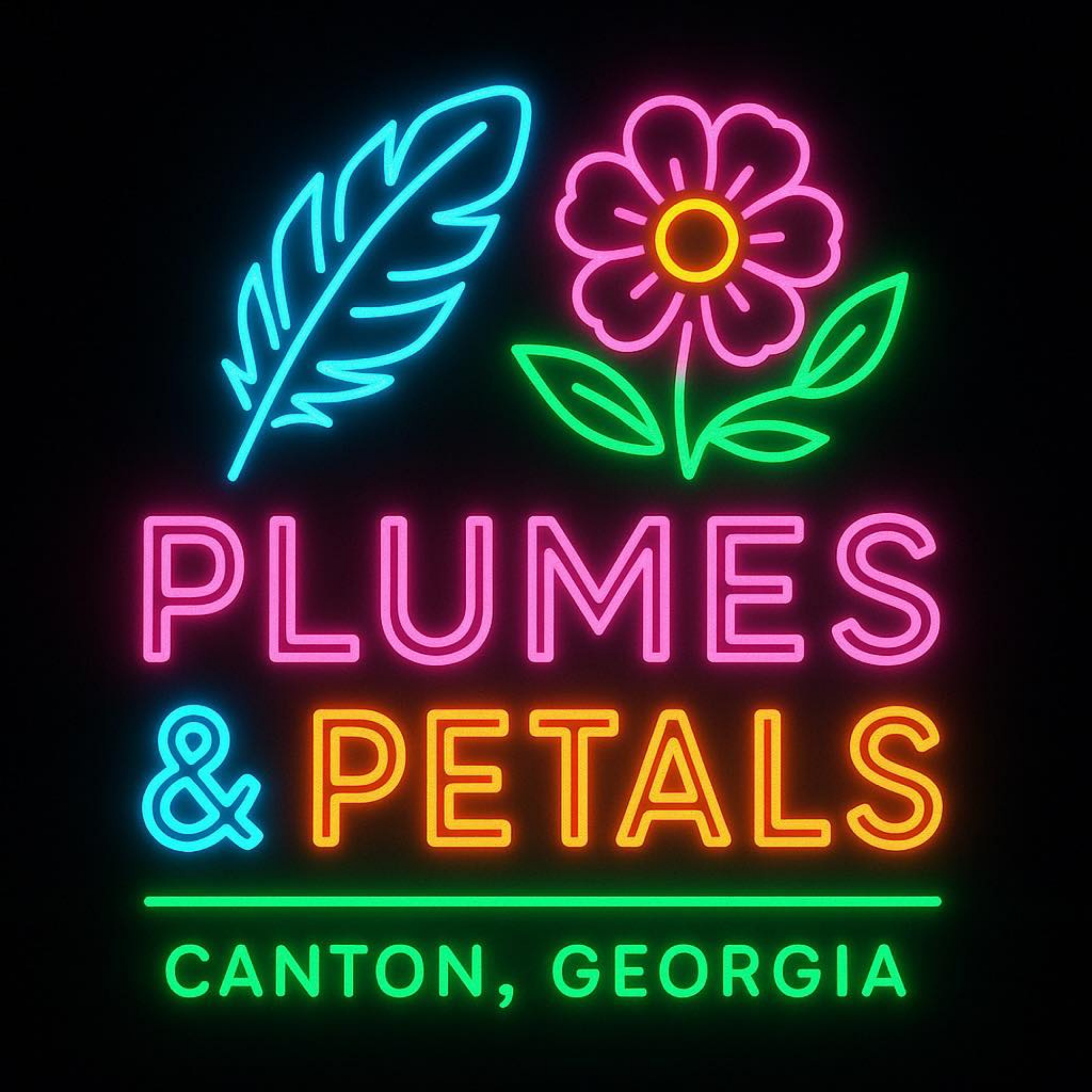 Neon sign with a blue leaf and a pink flower, with text 'Plums' in pink and 'Pima' in orange, and below in green 'Canton, Georgia'.