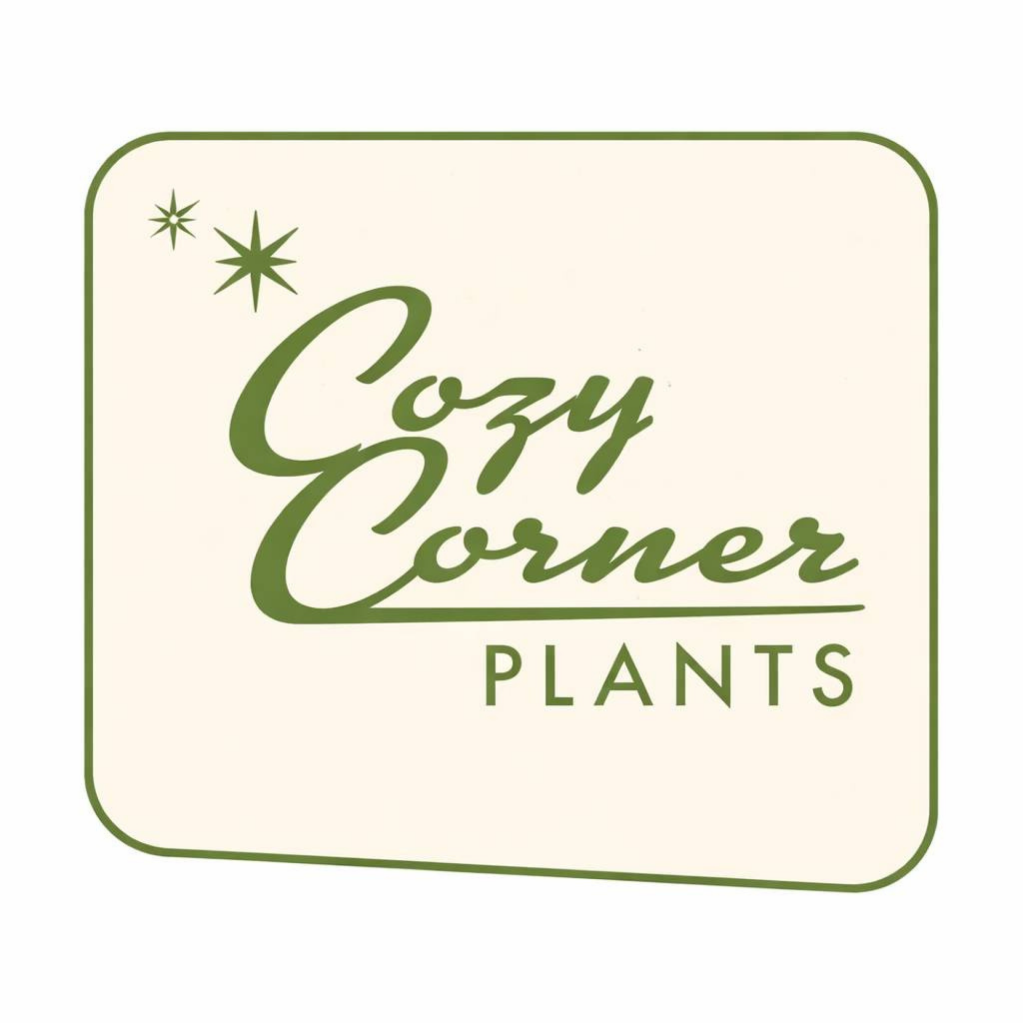 A label with a green border and green text that reads 'Cozzy Grower Plants', with decorative green stars in the upper left corner.