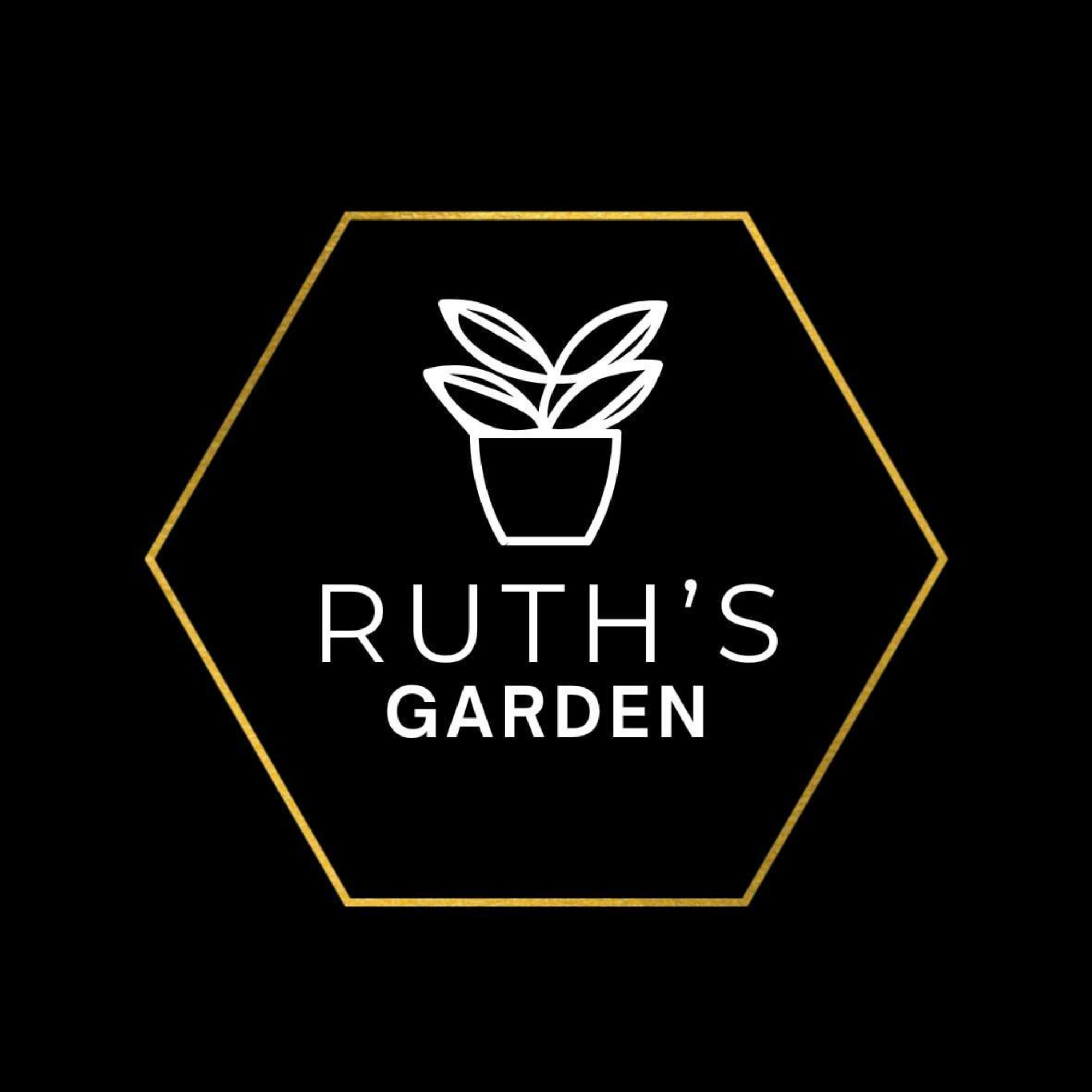 Black background with a gold outlined hexagon shape containing a white potted plant logo and the text 'RUTH'S GARDEN'