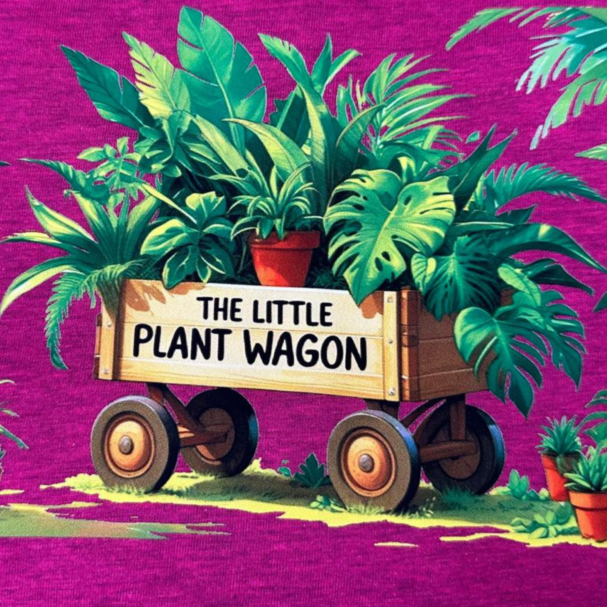 A colorful painting of various green tropical plants in a wooden wagon with wheels, set against a bright magenta background.