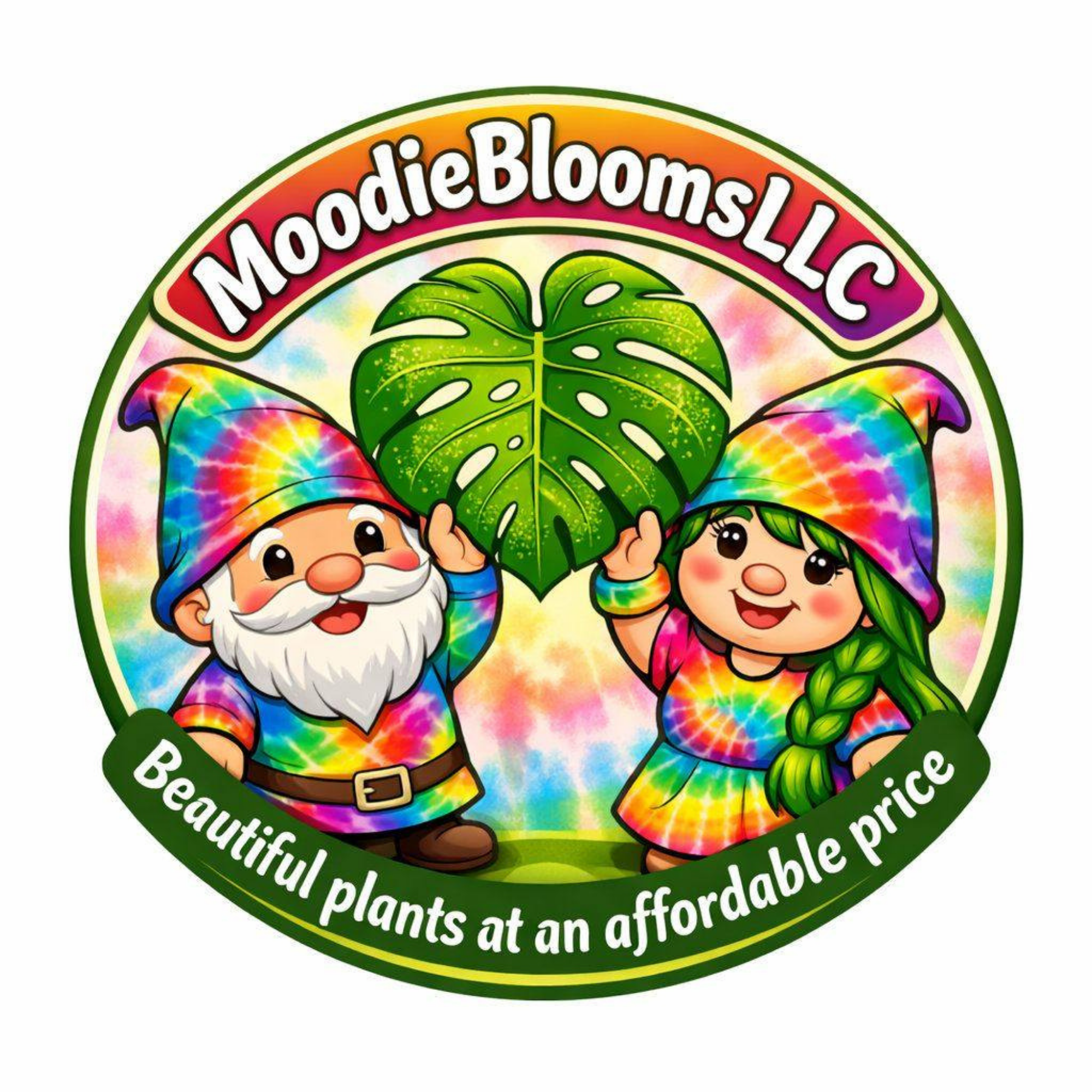 A colorful circular logo for Moo dieBLOOMs! featuring a cheerful gnome with a rainbow tie-dye shirt, a rainbow tie-dye hat, and a rainbow-tie-dye broom, holding a large green Monstera leaf. The edges of the logo display the phrases 'Beautiful plants 