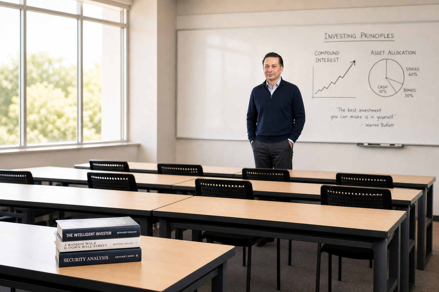 A man standing in a classroom or conference room, next to a whiteboard with graphs and text about investing principles, with books on a table in the foreground.