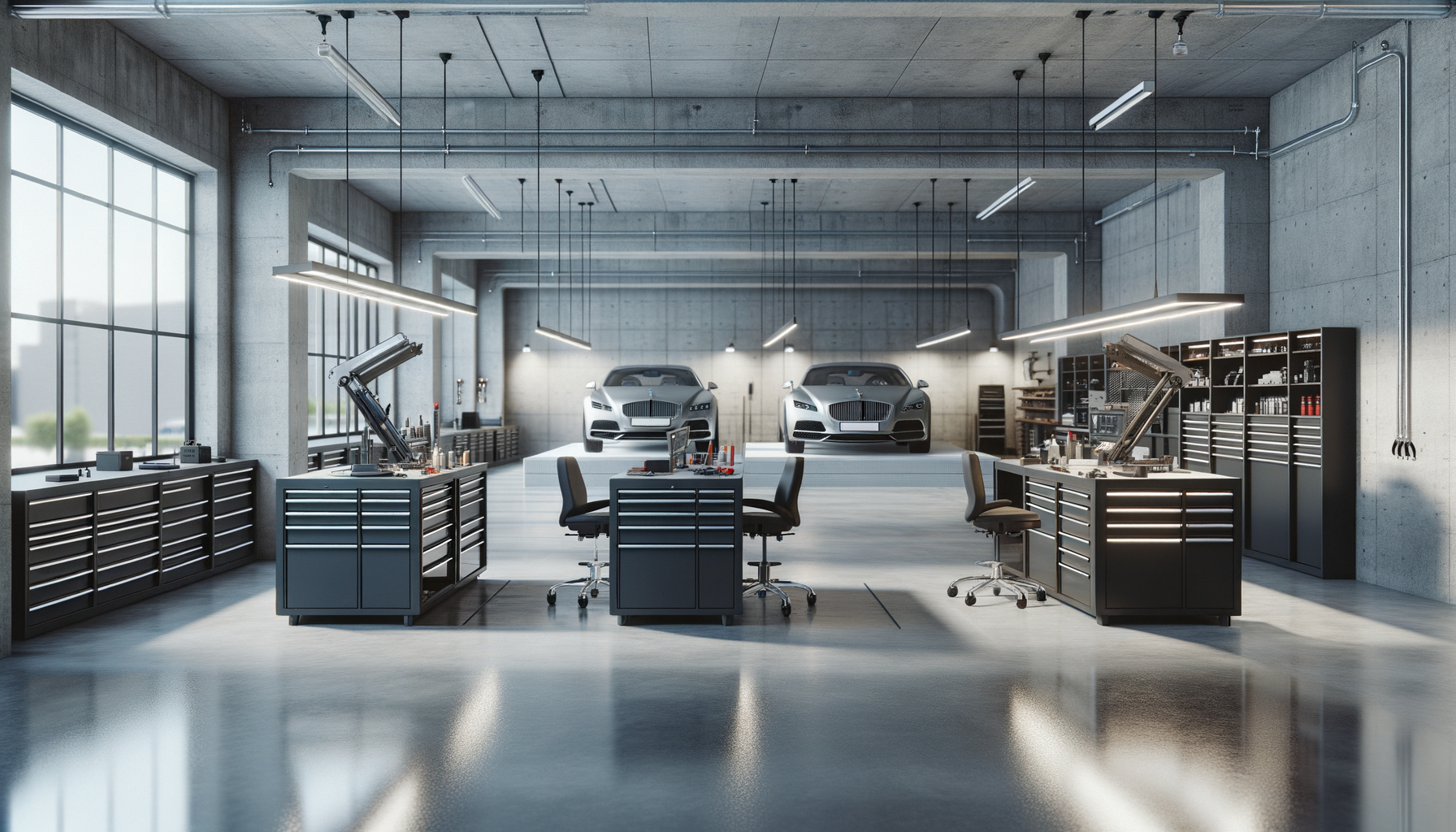 Modern automotive workshop with two luxury cars elevated on a platform, surrounded by workbenches, tool cabinets, and robotic arms, illuminated by angular ceiling lights and large windows.