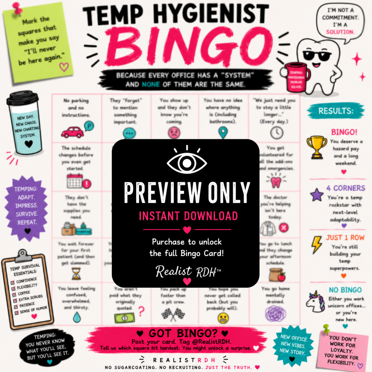 Temp Hygienist Survival Bingo — The Dental Hygienist Bingo Card | Instant Digital Download | Realist RDH™