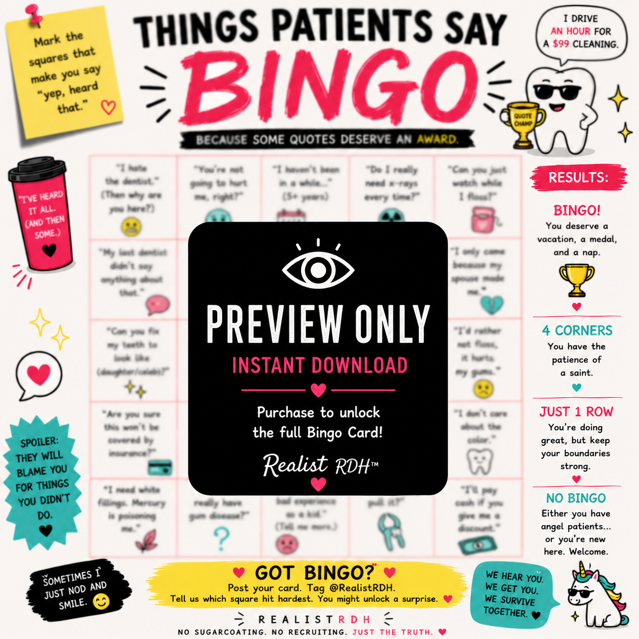 Things Patients Say Bingo — The Dental Hygienist Bingo Card | Instant Digital Download | Realist RDH™