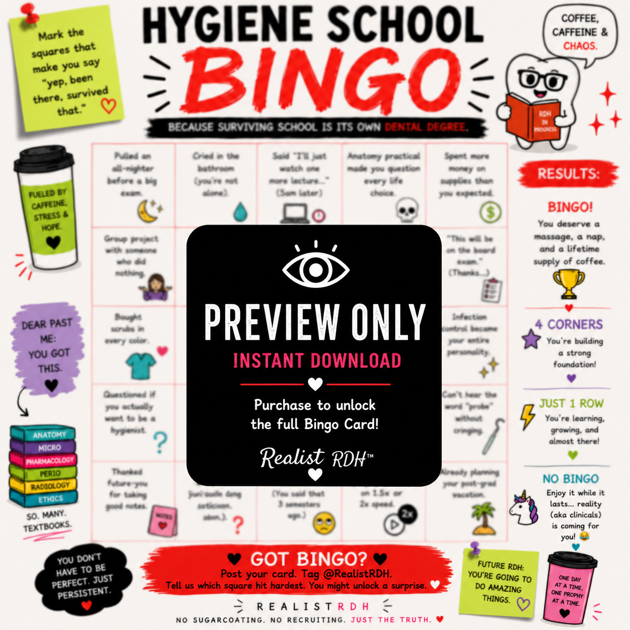 Hygiene School Bingo — The Dental Hygienist Bingo Card | Instant Digital Download | Realist RDH™