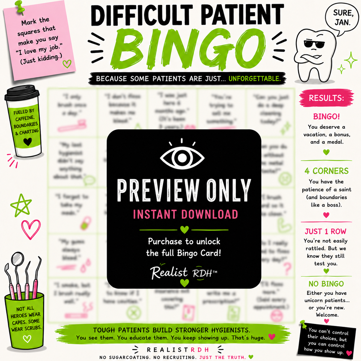 Difficult Patient Bingo — The Dental Hygienist Bingo Card | Instant Digital Download | Realist RDH™