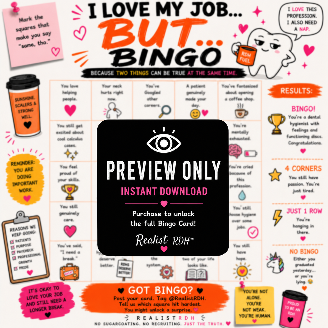 I Love My Job But... Bingo — The Dental Hygienist Bingo Card | Instant Digital Download | Realist RDH™