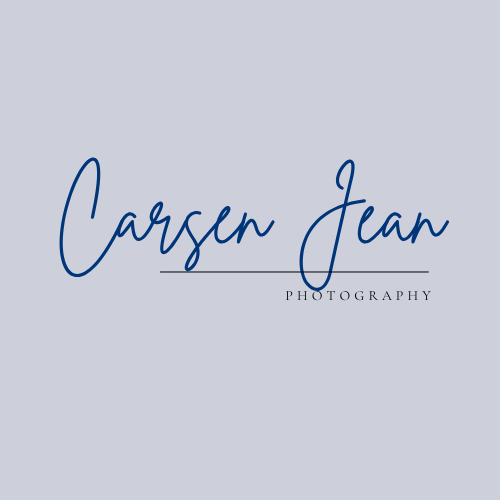 Logo for Carson Jean Photography with elegant blue handwritten text and black printed text.