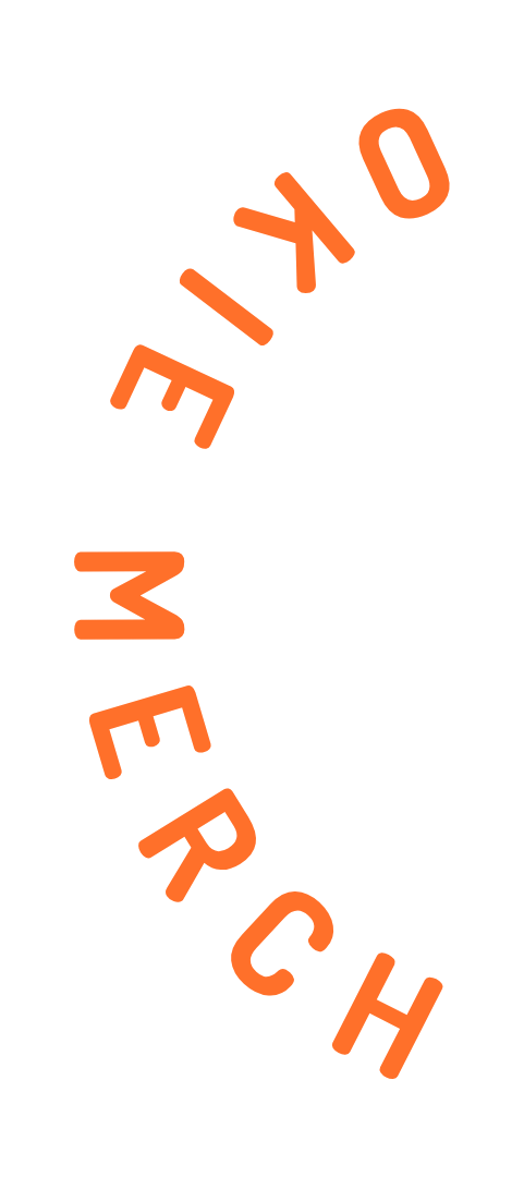 The phrase 'OKIE MERCH' written in orange text, arranged diagonally in a spiral pattern on a black background.