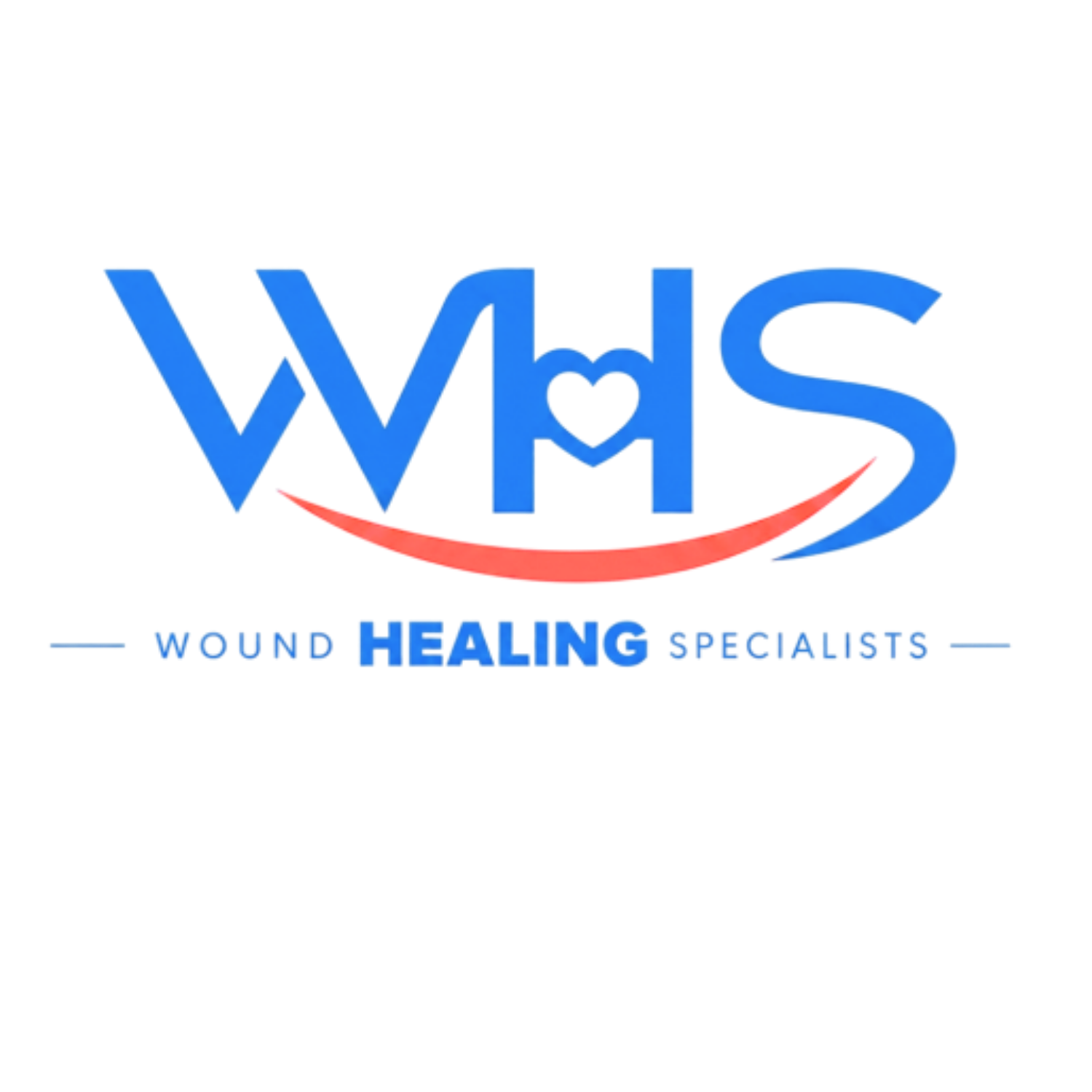 Logo for WooHoo Healing: the W and H are stylized in blue, with a heart shape in place of the O, and a red curved line beneath. The tagline reads, 'Wound Healing Specialists' in blue text.