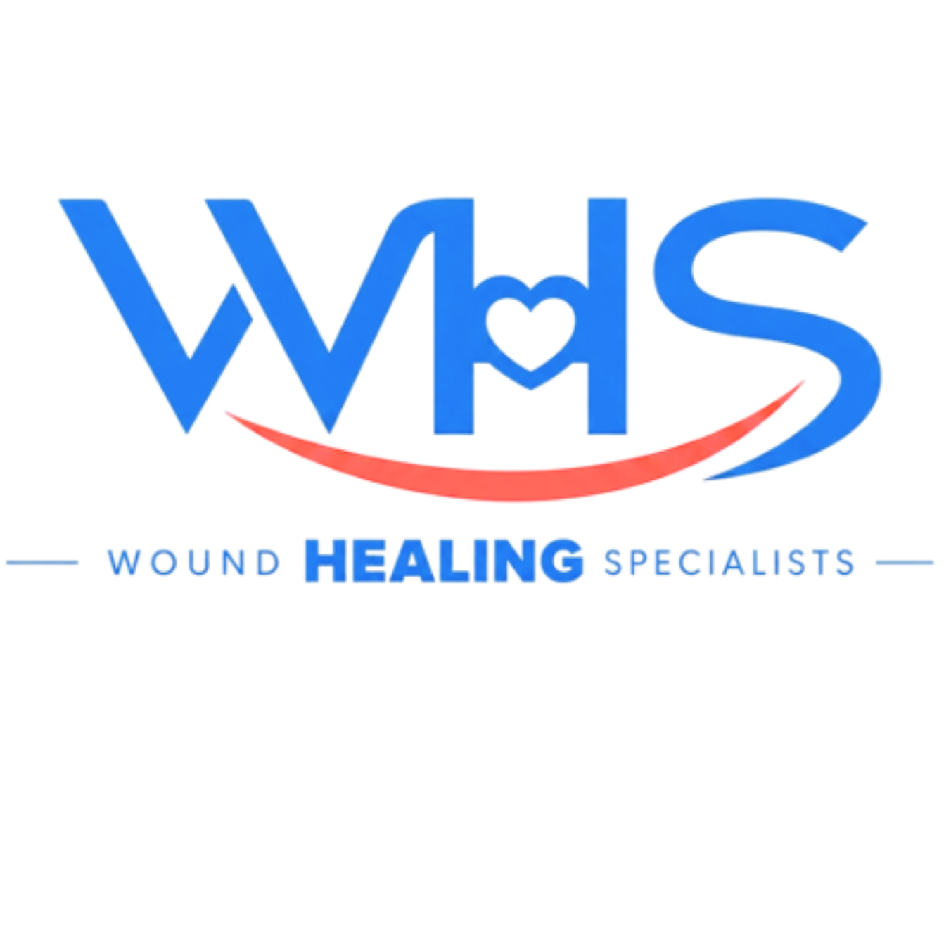Logo for Wound Healing Specialists showing the letters W, H, and S with a heart shape inside the letter H and a red swoosh beneath, with the text "Wound Healing Specialists" below.