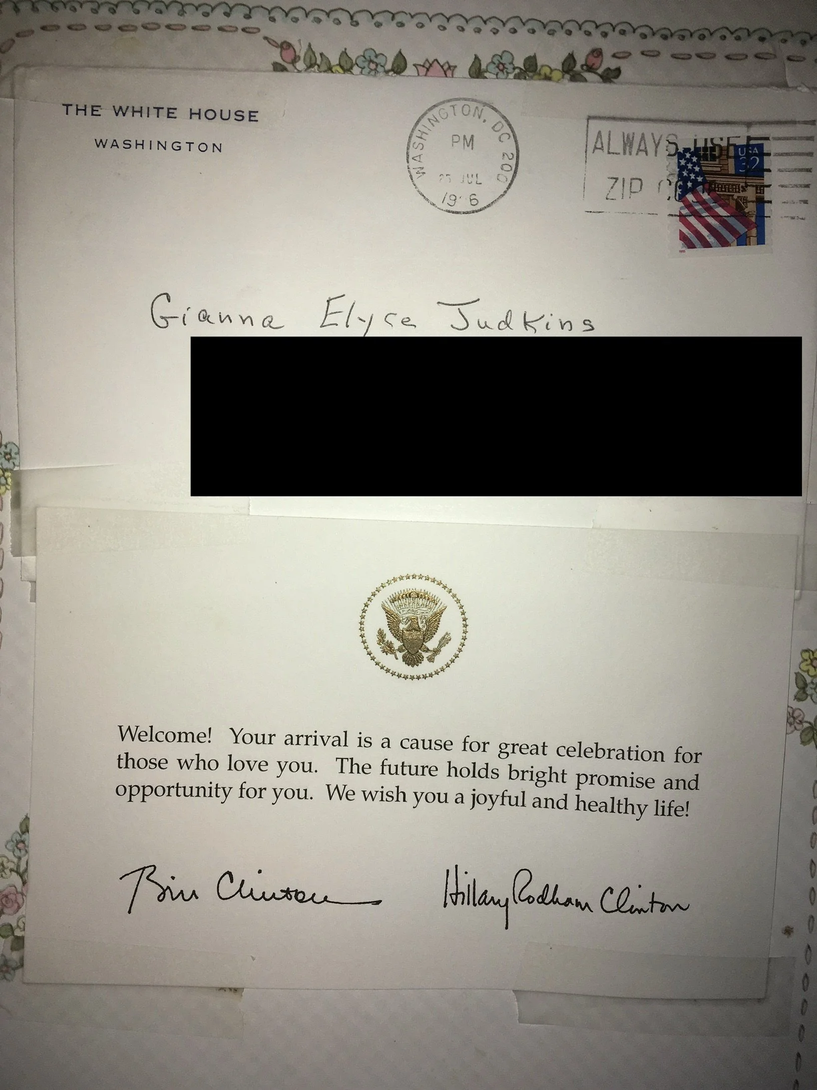 Gianna Judkins, Welcome to the World Letter from President Bill Clinton