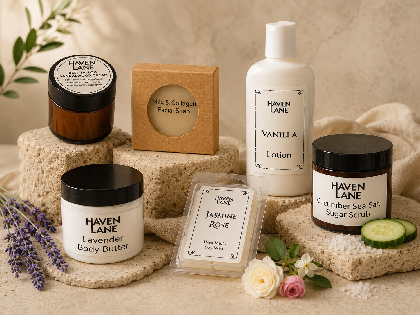 Collection of natural skincare and body products, including lavender body butter, jasmine rose wax melts, vanilla lotion, cucumber sea salt sugar scrub, milk and collagen facial soap, and haven lane beef tallow sandalwood cream, arranged on stone slabs with flowers and greenery.
