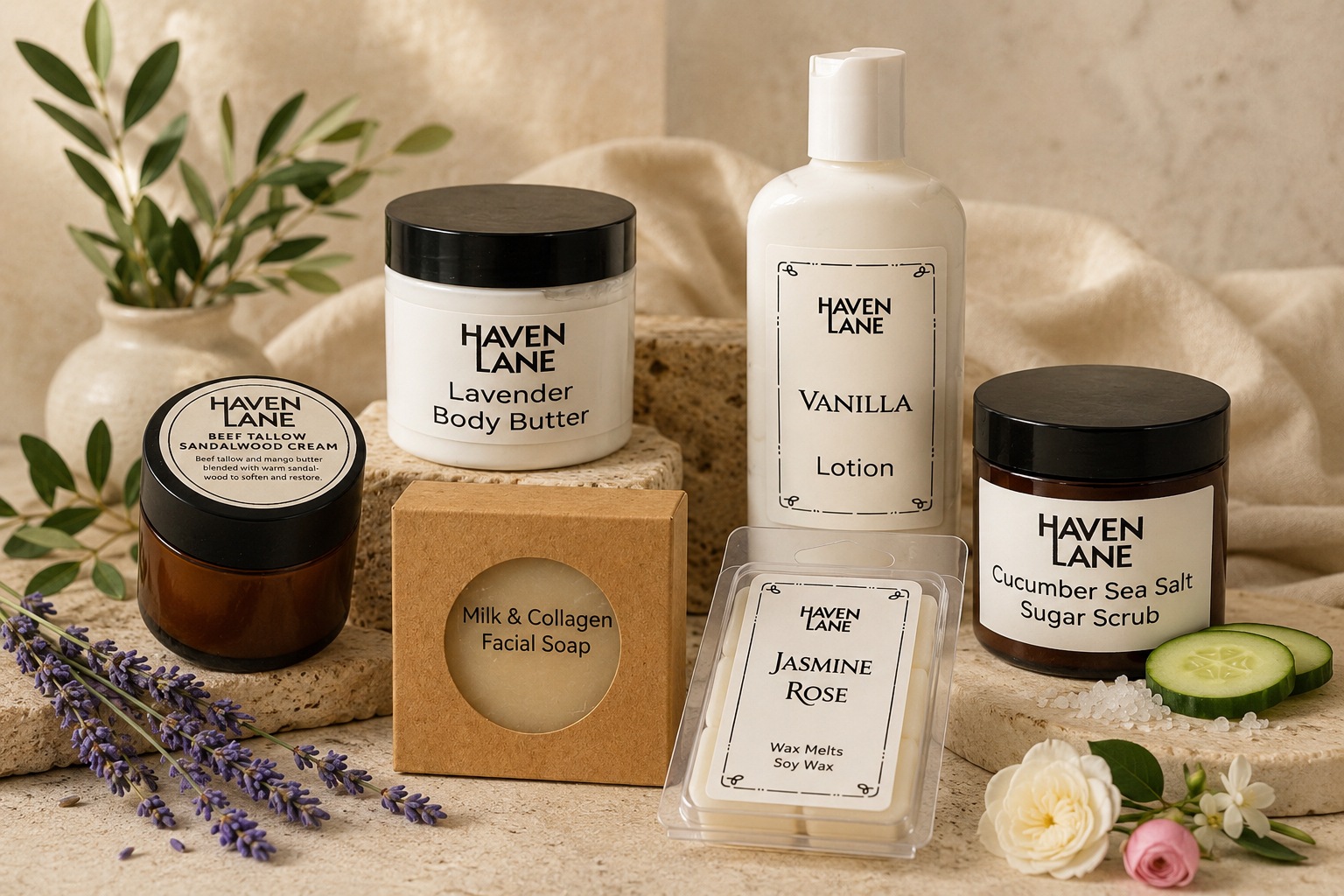 A collection of Haven Lane skincare products including lavender body butter, vanilla lotion, beef tallow skincare cream, milk and collagen facial soap, cucumber sea salt sugar scrub, and jasmine rose wax melts, arranged on a beige surface with a potted plant, flowers, and cucumber slices for decoration.