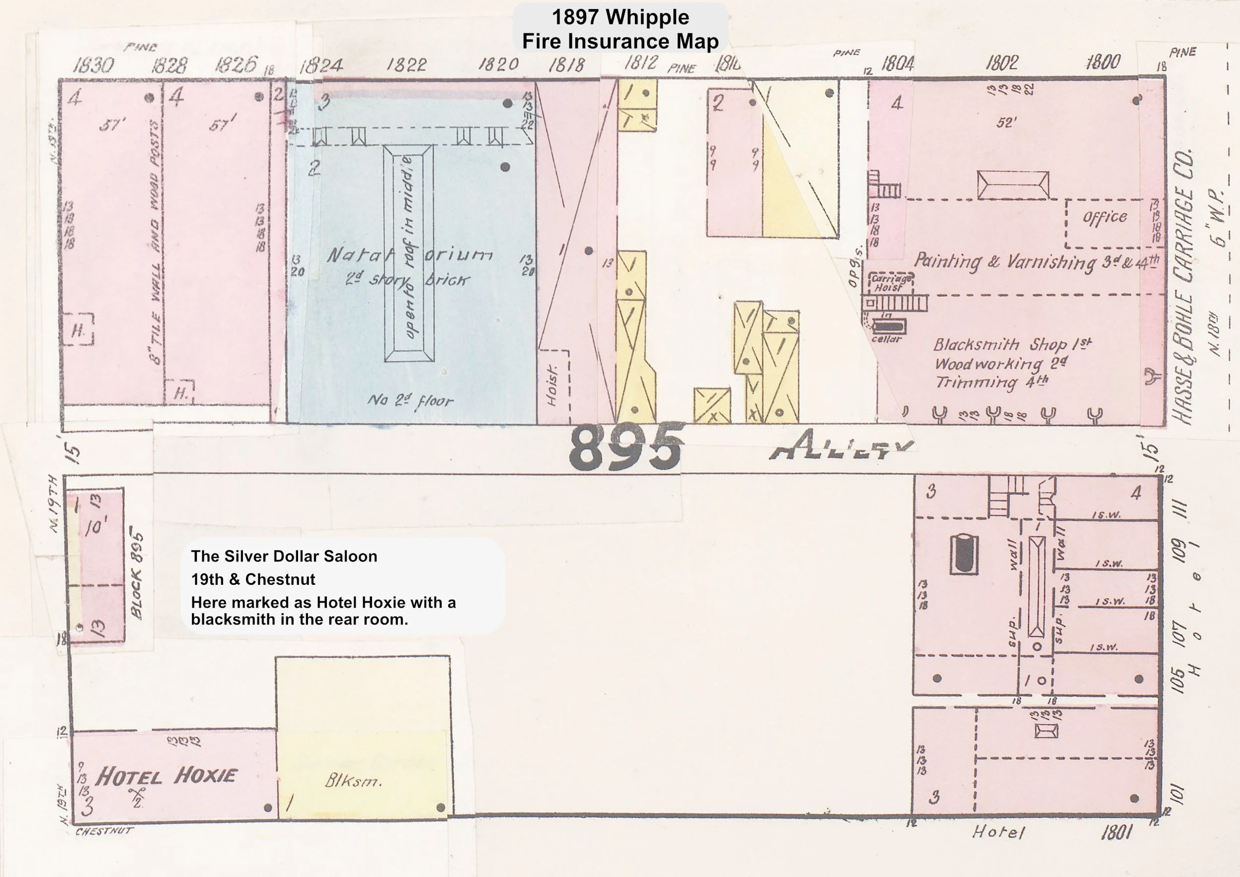 Image of 1897 Whipple Fire Insurance Map showing the footprint of the Silver Dollar Saloon as described in the text.