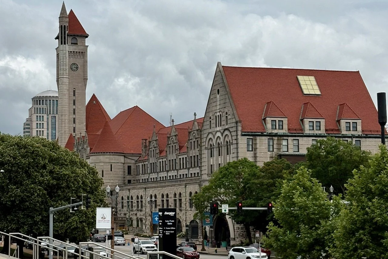 St. Louis Union Station, with its Indiana limestone facade and Spanish red tile roof, one of the few surviving buildings from the era of the Rosebud Cafe and Tom Turpin. Viewed from a location in former Chestnut Valley, part of former Mill Creek