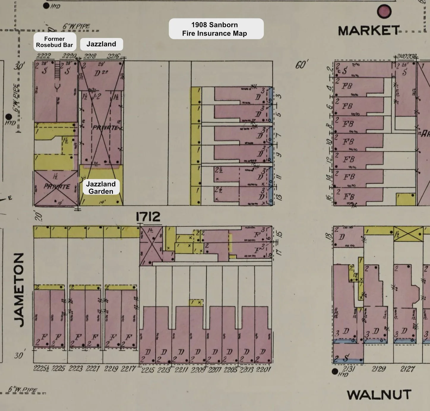 Image from 1908 Sanborn Fire Insurance Map showing the footprint of Jazzland next door to the former Rosebud Bar