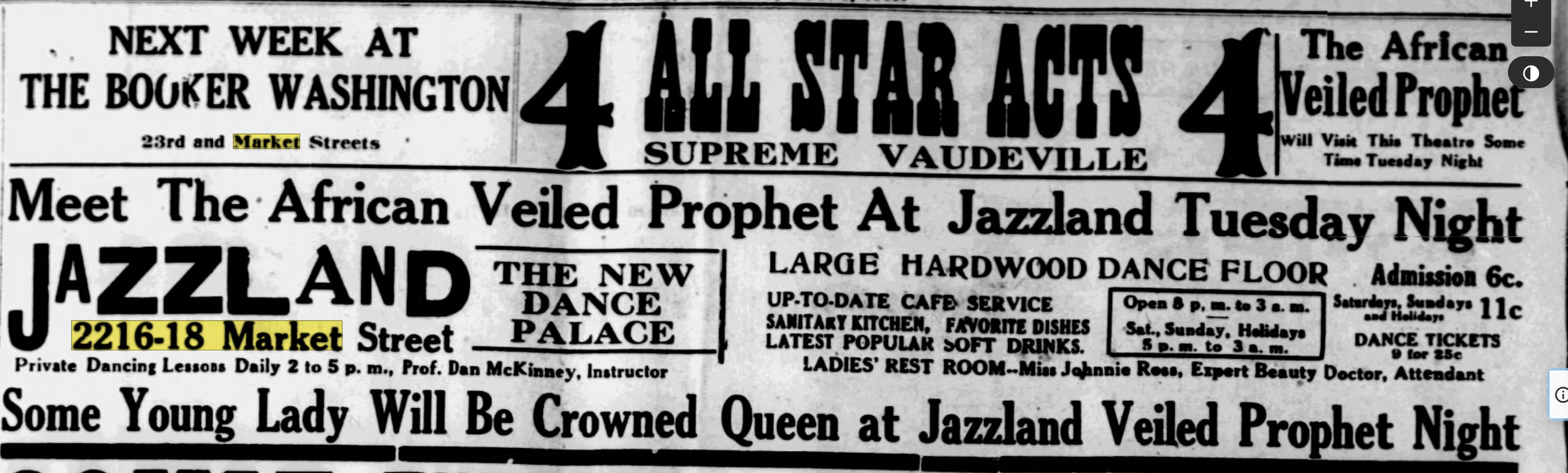 Ad for Booker T Washington Theater and Jazzland, featuring the African Veiled Prophet