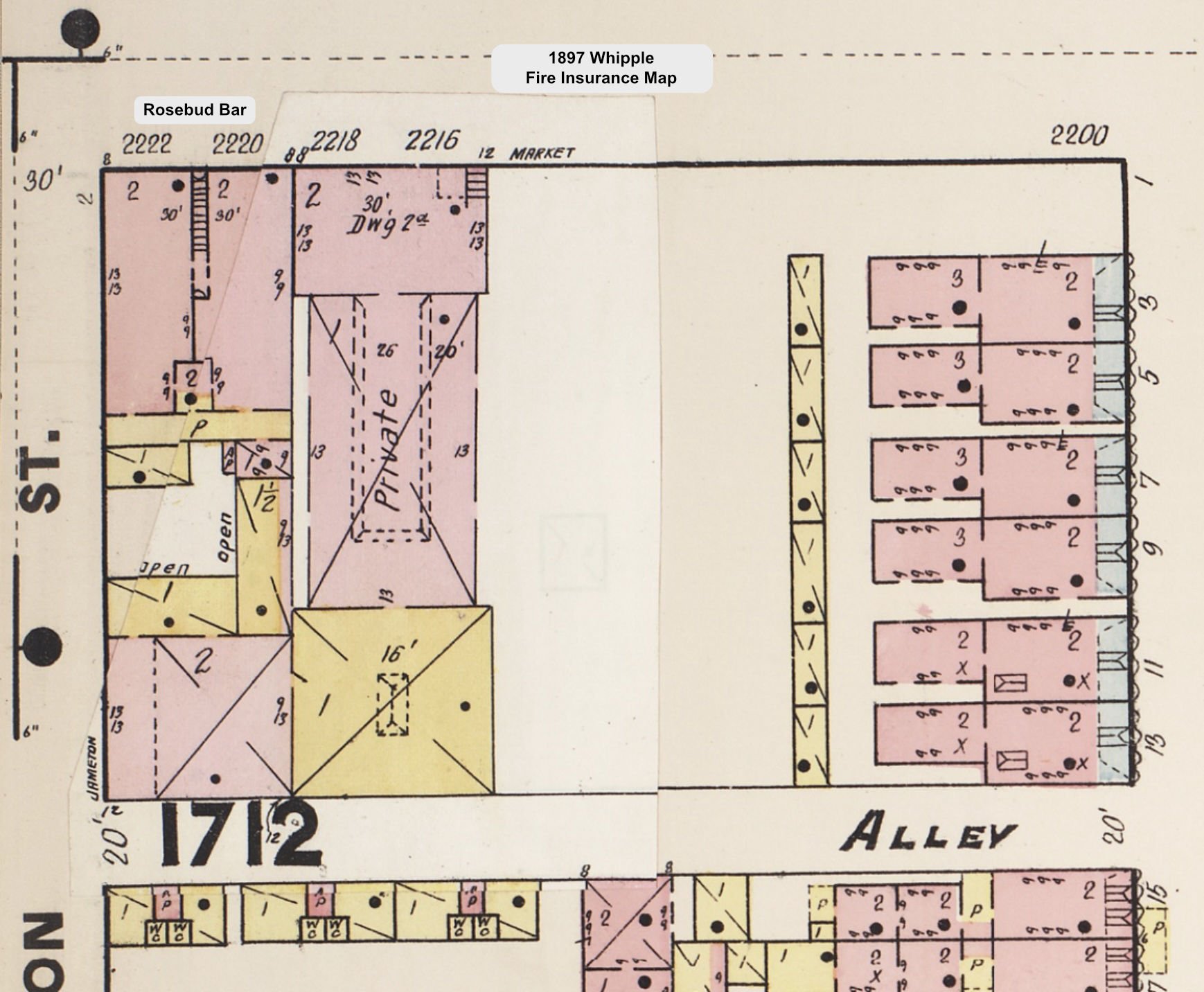 Graphic of 1897 Whipple Fire Insurance Map showing footprint of the Rosebud Bar and surrounding block