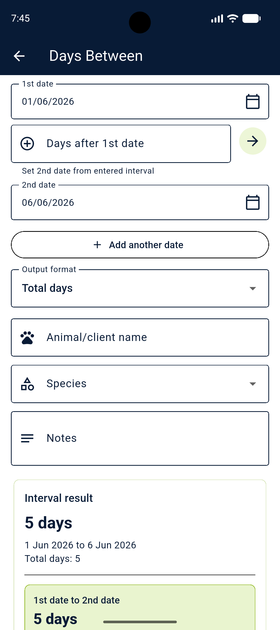 Mobile app screen titled 'Days Between' showing date interval calculation from June 1, 2026, to June 6, 2026, with a total of 5 days.